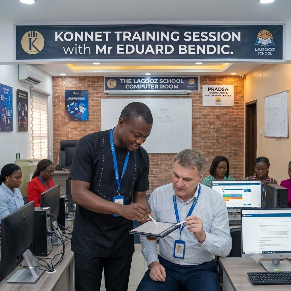 Konnet trainer walking Mr. Eduard Bendic through an AI education tool on a tablet